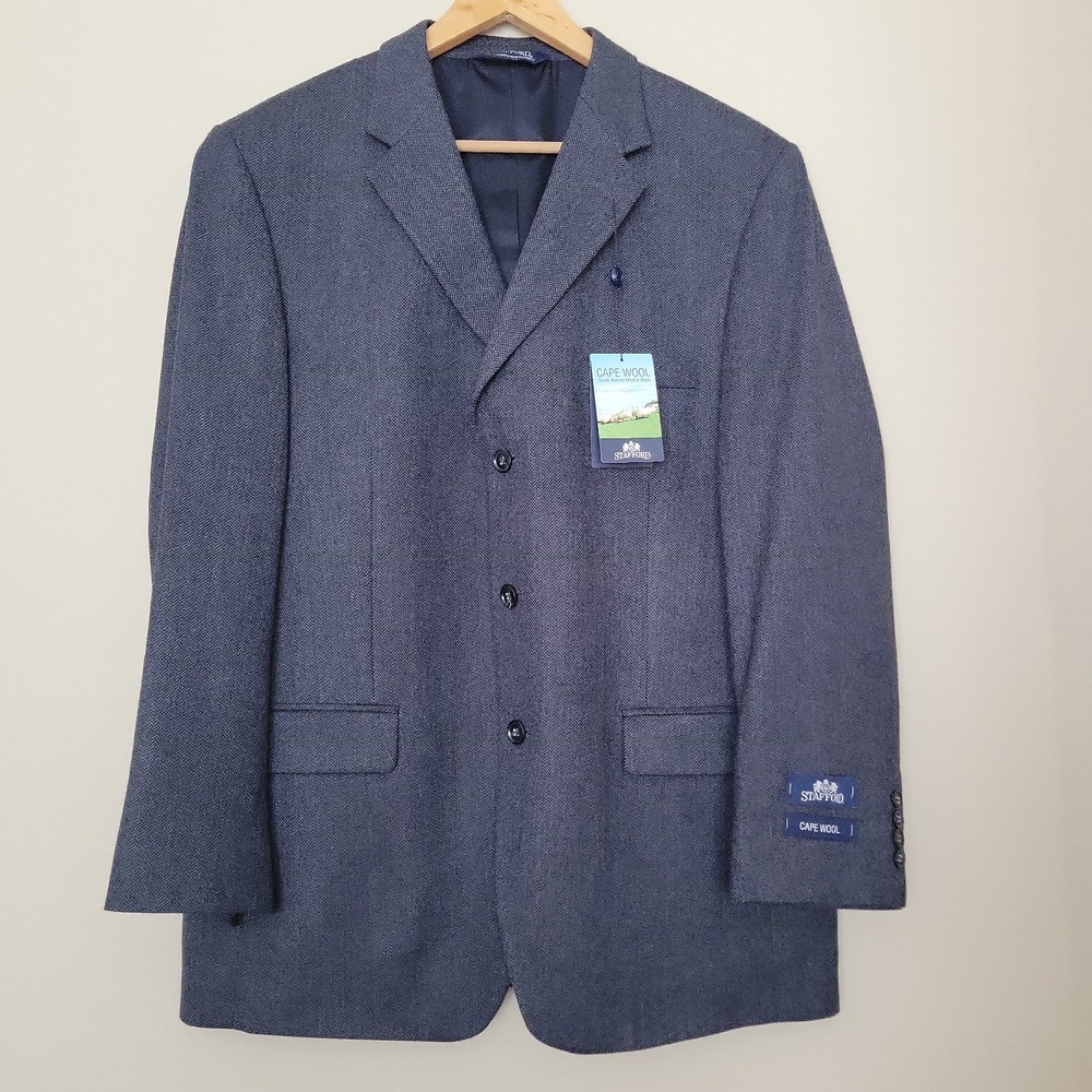 Stafford Cape Wool Mens Blazer Sports Coat Size 44R Navy Black Herringbone NEW